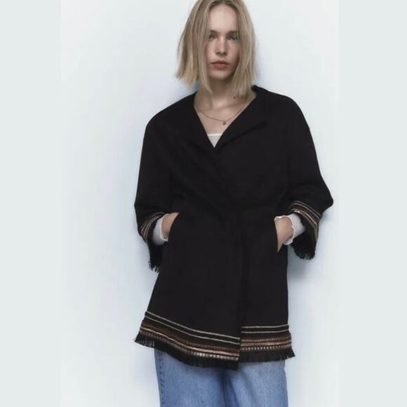 ZARA Women's L Combination Faux Suede Embroidered Jacket Boho Western Black - Picture 16 of 16